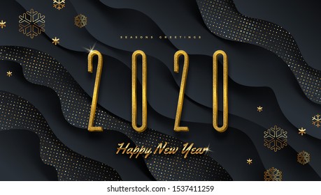 2020 new year logo. Greeting design with golden  number of year and snowflakes on a abstract black layered background. Design for greeting card, invitation, calendar, etc.