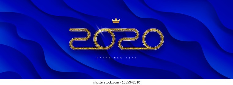2020 new year logo. Greeting design with golden  number of year on a abstract blue layered background. Design for greeting card, invitation, calendar, etc.