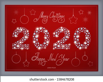 2020 New Year logo with Merry Christmas and Happy New Year lettering holiday greeting card with diamonds over red background in vector. Holiday illustration with red background.