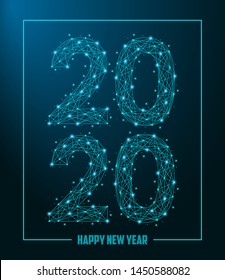 2020 New Year made by polygonal wireframe mesh. Low poly greeting card. Vector illustration.