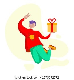 2020 New year man delivering gift for business partner. Cute boy illustration in modern colors and clothes running for Christmas party. Present for Santa Claus holidays.
