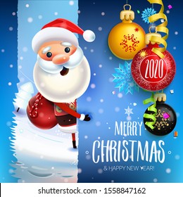 2020 New year & Merry Christmas symbol. Santa Claus on a winter background with gifts, Christmas toys, stars, candy, sweets and snowflake.Decoration of poster card holiday background. Winter greeting 