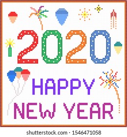 2020 New year message with balloons and fireworks. Square pixels of various colors have been used.