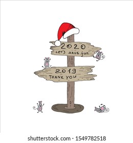 2020 New Year of metal rat. signpost, guidepost 2020. Line art, doodle stile hand drawn stock vector art. Copy space, invitation, greeting cards, posters, stickers. Isolated on white background