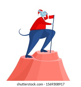 2020 New year metal rat in a Santa hat achieve business goal and put company flag on top of mountain. Cute animal in modern colors Christmas suite.