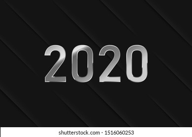 2020 new year metallic text on black background. silver metal number design. new year vector illustration.