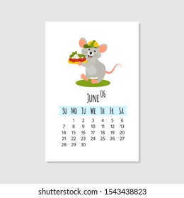 2020 new year of mouse to Chinese calendar. Wall  editable calendar grid template with cute mouse. Set of 12 months. Vector cartoon illustration