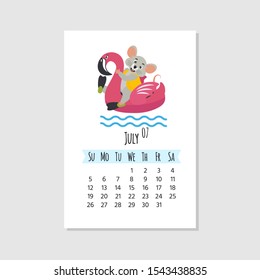 2020 new year of mouse to Chinese calendar. Wall  editable calendar grid template with cute mouse. Set of 12 months. Vector cartoon illustration