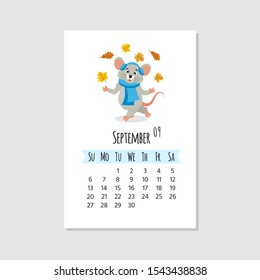 2020 new year of mouse to Chinese calendar. Wall  editable calendar grid template with cute mouse. Set of 12 months. Vector cartoon illustration