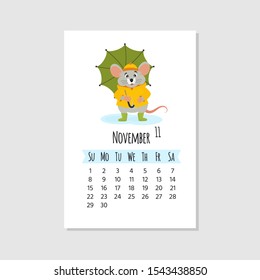 2020 new year of mouse to Chinese calendar. Wall  editable calendar grid template with cute mouse. Set of 12 months. Vector cartoon illustration