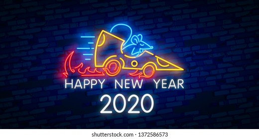 2020 New Year neon sign. Piece of cheese with two thousand twenty numbers and rat on brick background. Vector illustration in neon style for Christmas banners, New Year posters, party invitation