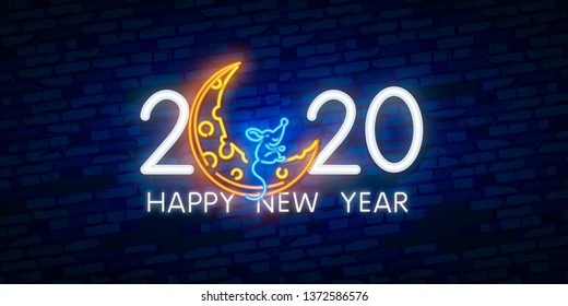 2020 New Year neon sign. Piece of cheese with two thousand twenty numbers and rat on brick background. Vector illustration in neon style for Christmas banners, New Year posters, party invitation