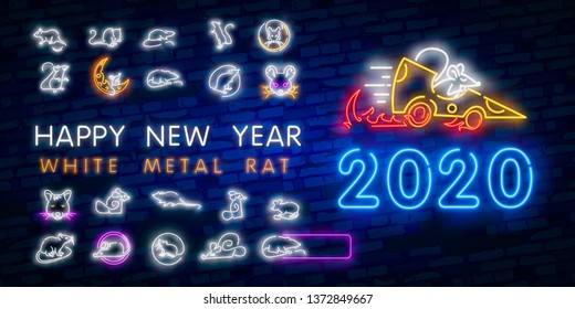 2020 New Year neon sign. Piece of cheese with two thousand twenty numbers and rat on brick background. Vector illustration in neon style for Christmas banners, New Year posters, party invitation