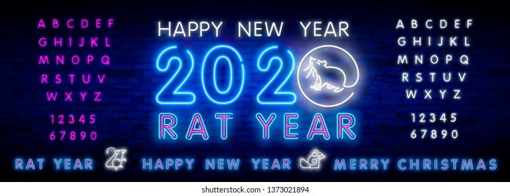 2020 New Year neon sign. Piece of cheese with two thousand twenty numbers and rat on brick background. Vector illustration in neon style for Christmas banners, New Year posters, party invitation