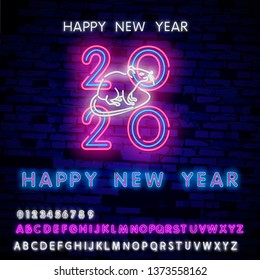 2020 New Year neon sign. Piece of cheese with two thousand twenty numbers and rat on brick background. Vector illustration in neon style for Christmas banners, New Year posters, party invitation