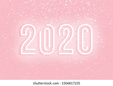 2020 New Year neon sign on pink background, vector illustration. Silver confetti flying in the air, festive white letters 2020 on pink poster with grunge texture, modern banner concept. 