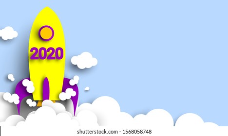 2020 New Year number design with rocket in paper cut and craft style. Symbol of achieve goals for 2020. Start up company concept. - Vector.