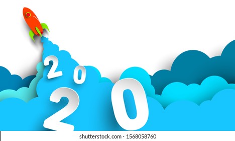 2020 New Year Number Design With Rocket In Paper Cut And Craft Style. Symbol Of Achieve Goals For 2020. Start Up Company Concept. - Vector.