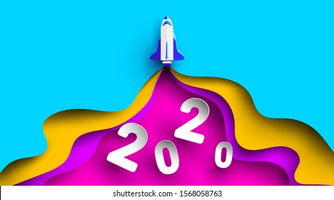 2020 New Year number design with rocket in paper cut and craft style. Symbol of achieve goals for 2020. Start up company concept. - Vector.