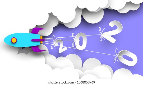 2020 New Year Number Design With Rocket In Paper Cut And Craft Style. Symbol Of Achieve Goals For 2020. Start Up Company Concept. - Vector.