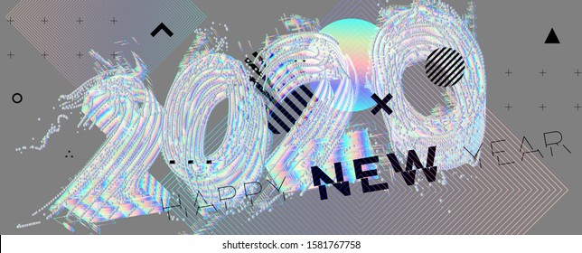 2020 New Year number for holiday concept modern design with geometric 3d elements and 80s memphis bright style. Christmas techno party art with abstract shapes. Vector illustration