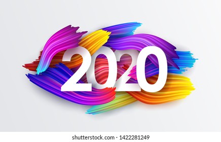 2020 New Year on the background of colorful brushstrokes of oil or acrylic paint with a gradient brush, creative New Year design element isolated on white, vector illustration EPS10