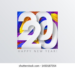 2020 New Year on the background of colorful brushstrokes of oil or acrylic paint with a gradient brush, creative New Year design element isolated on white, vector illustration EPS10
