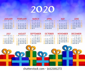 2020 new year. orizontal calendar grid. Week starts on Sunday. 2020 calendar template with gifts