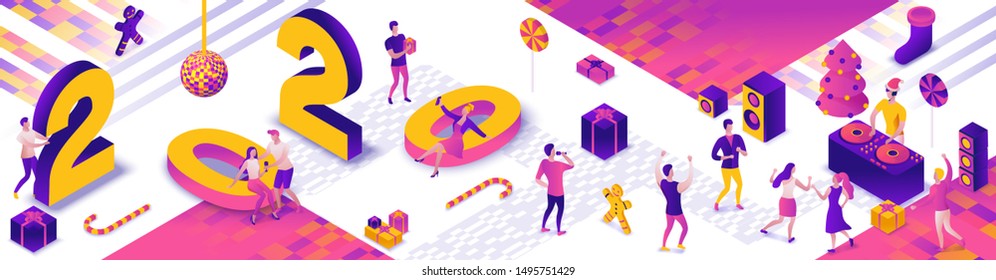 2020 New year party 3d isometric horizontal banner, dj playing club disco music, people dancing, christmas tree, present, holiday poster, night winter event vector concept, violet, yellow, pink colors