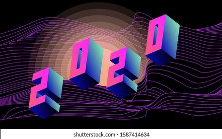 2020 New Year Party background with 3d digits on wavy background. Postcard Invitation or club promo flyer template.