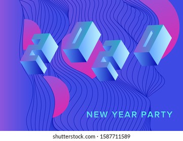 2020 New Year Party background with 3d digits on wavy holographic background. Postcard Invitation or club promo flyer template.