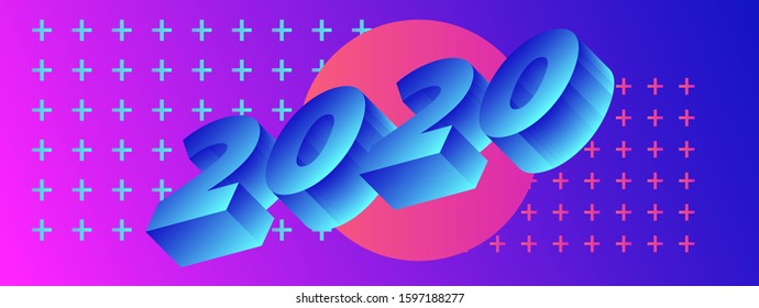 2020 New Year Party background with 3d digits and geometric elements. Postcard Invitation or club flyer template in Synthwave retrofuturistic style.