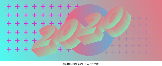 2020 New Year Party background with 3d digits and geometric elements. Postcard Invitation or club flyer template in Synthwave retrofuturistic style.