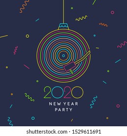 2020 New Year party banner. Poster of the Vinyl record. Vector illustration music on dark background.