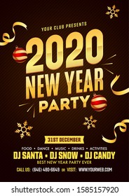 2020 New Year Party Flyer Design with Baubles, Golden Snowflakes and Event Details on Brown Strip Pattern Background.