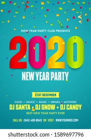 2020 New Year Party Flyer Design Decorated with Colorful Confetti and Event Details on Turquoise Background.