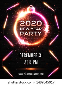 2020 New Year Party Poster Template. Glowing Illustration with Red Neon Lights Led Line Number and Christmas Ball on Black Brick Wall Background. Celebration Vector Holiday Invitation Flyer or Banner.