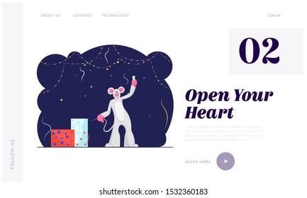 2020 New Year Party Website Landing Page. Funny Character Wearing Costume of Mouse Holding Champagne Glass in Hand in Decorated Room with Gift Boxes Web Page Banner. Cartoon Flat Vector Illustration