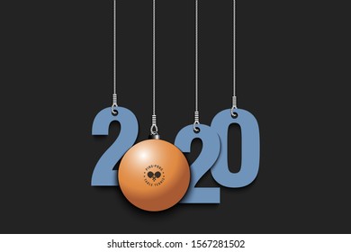 2020 New Year and ping-pong ball as a Christmas decorations hanging on strings. 2020 hang on cords on an isolated background. Design pattern for greeting card. Vector illustration