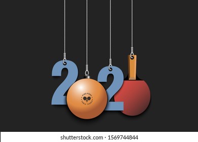 2020 New Year and ping-pong ball and racket as Christmas decorations hanging on strings. 2020 hang on cords on an isolated background. Design pattern for greeting card. Vector illustration