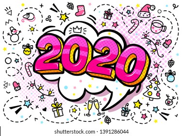 2020 new year. Pink Numbers 2020 in pop art style on white background with hand drawn decorations. Vector illustration.
