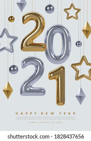 2020 New Year poster design. Gold and silver 3d shapes and 2020 numbers on light background. Winter holidays background design. Eps10 vector.