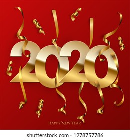 2020 New Year poster template. Vector golden 2020 sign with golden serpentine pieces isolated on red background