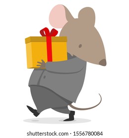2020 New year rat present gift for business company carrying cute cargo box for Christmas in space grey suite costume and white shirt. Mouse with big pink ears celebrating company party