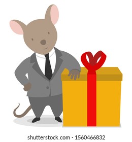 2020 New year rat present gift for business company carrying cute cargo box for Christmas in space grey suite costume and white shirt. Mouse with big pink ears celebrating company party