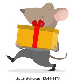 2020 New year rat present gift for business company carrying cute present box for Christmas in space grey suite costume and white shirt. Mouse with big pink ears celebrating company party