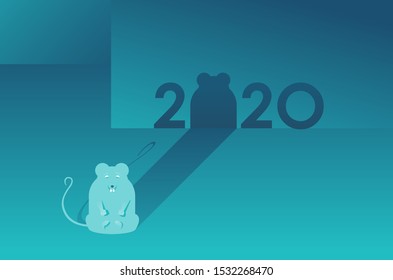 2020 New Year of the Rat (traditional Chinese zodiac symbol) concept with cute cartoon rodent and long shadow falling on the floor and wall