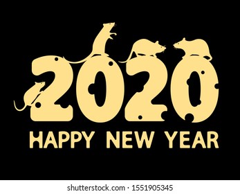 2020 new year with rats. isolated on black bacground