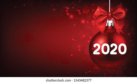 2020 New Year red ball with satin bow and glittering. Greeting card or decoration. Winter decoration - Vector