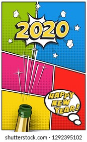 2020 New Year retro design in comic book style with champagne bottle. Vector 2020 New Year postcard or greeting card template